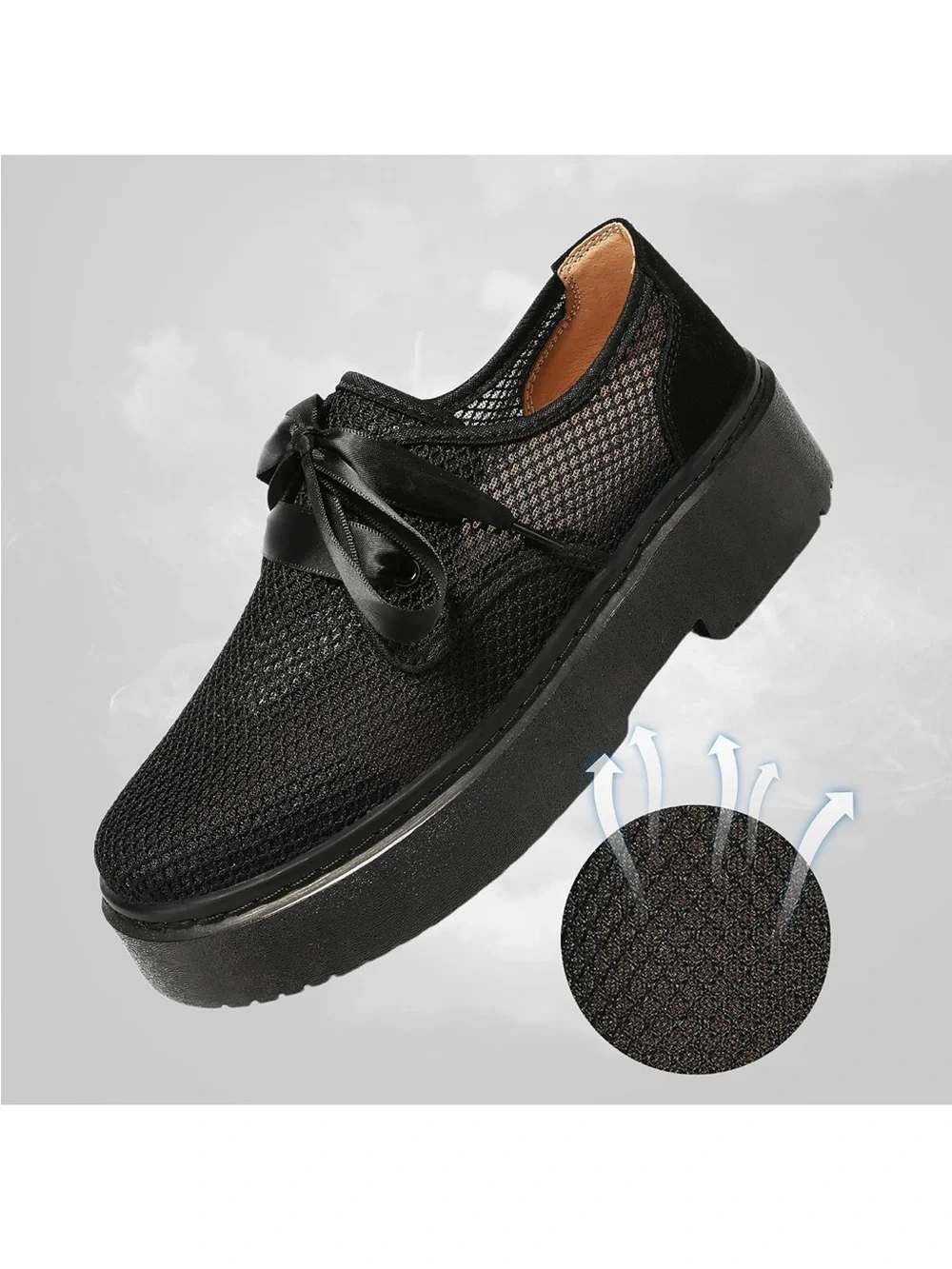 Beauseen Women’s Black Mesh Ribbon Lace-Up Platform Shoes